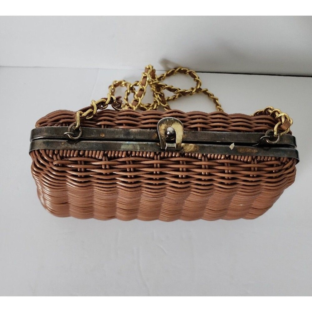 Vintage Tandem Faux Straw Bag Crossbody Purse Chain Strap Brown Gold Retro - Picture 6 of 16